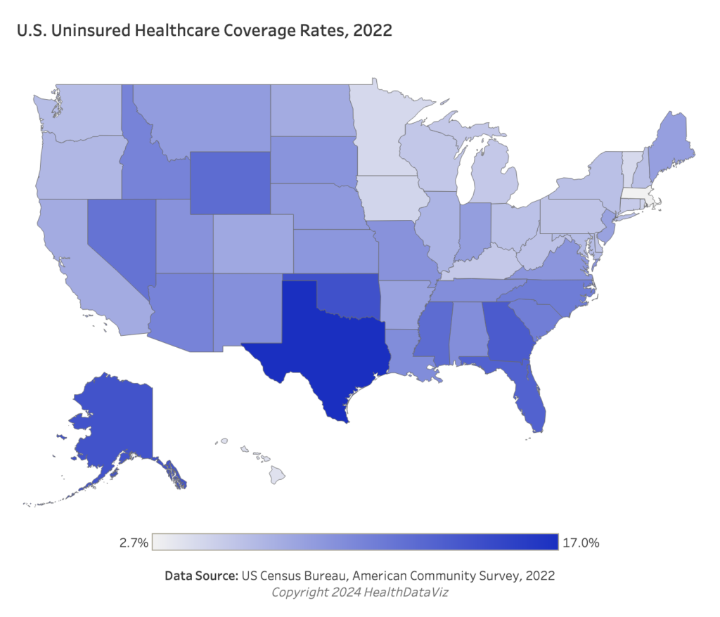 A Choropleth Map of the U.S. displaying states colored in saturations of blue representing the uninsured rates in the U.S. Image created by HealthDataViz, a Sellers Dorsey solution