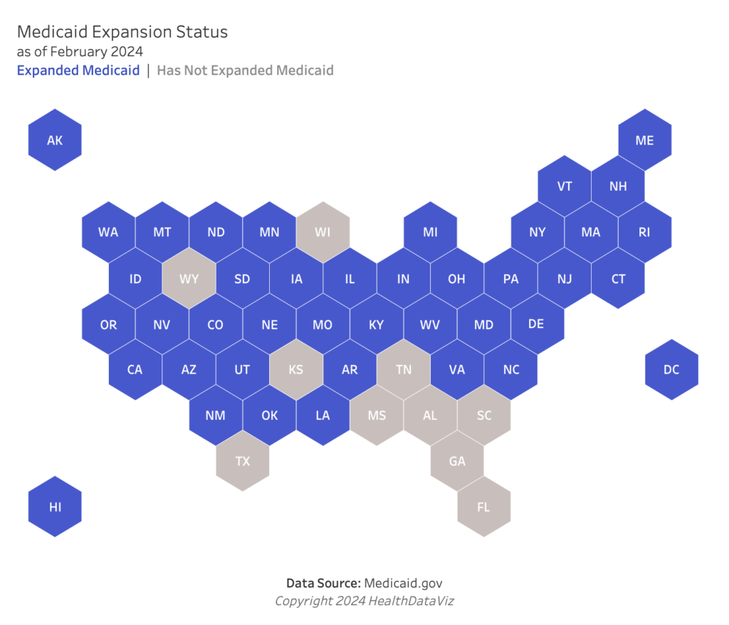 Hex-Tiled Map of the U.S. colored in blue and gray where gray represents states that have expanded Medicaid and gray states have not. Image created by HealthDataViz, a Sellers Dorsey solution