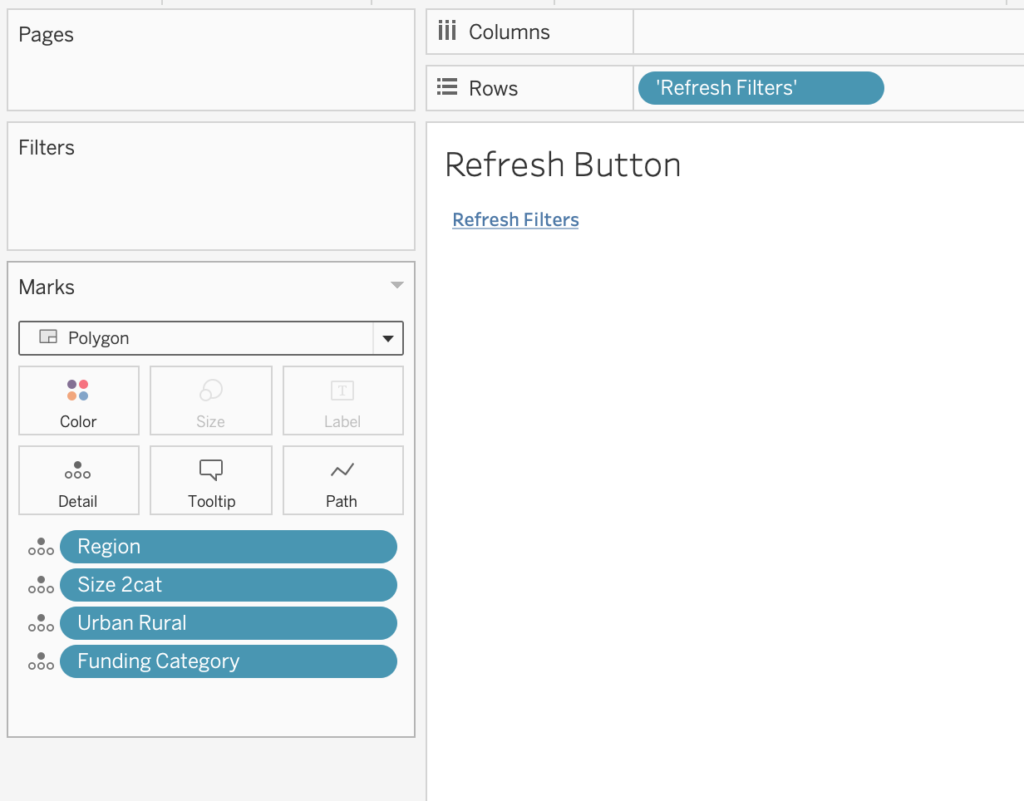 Image of a Tableau worksheet displaying how to create the reset button.]